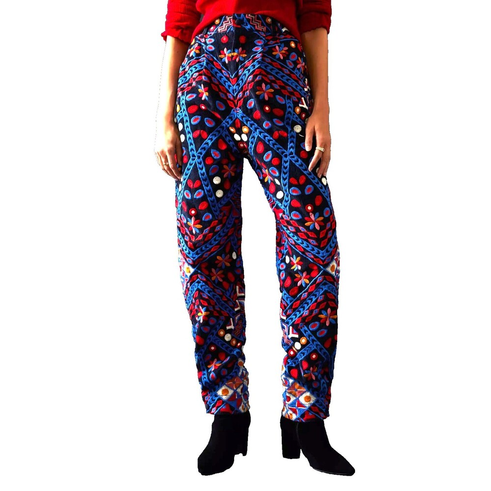 Farm Rio Embroidered Corduroy Pant Colorful Wide Leg Geometric Boho Women XS